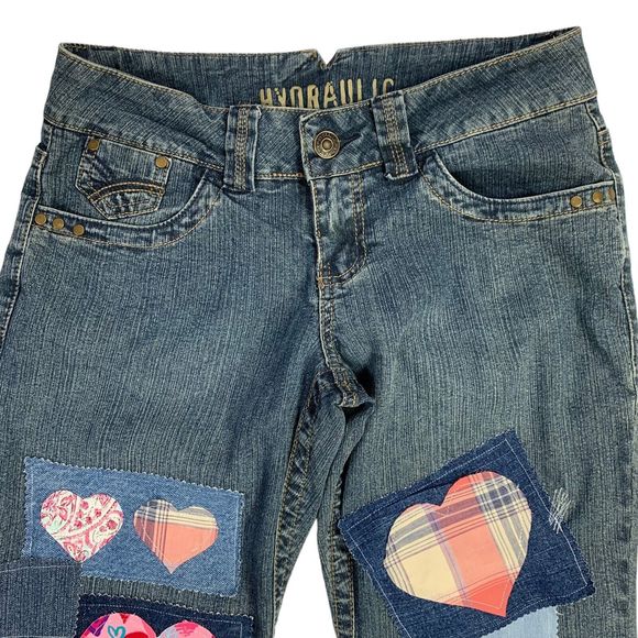 Patched Boho Jeans Pink Hearts Wide Leg Upcycled Denim Womens 4 Hydraulic - Picture 3 of 13